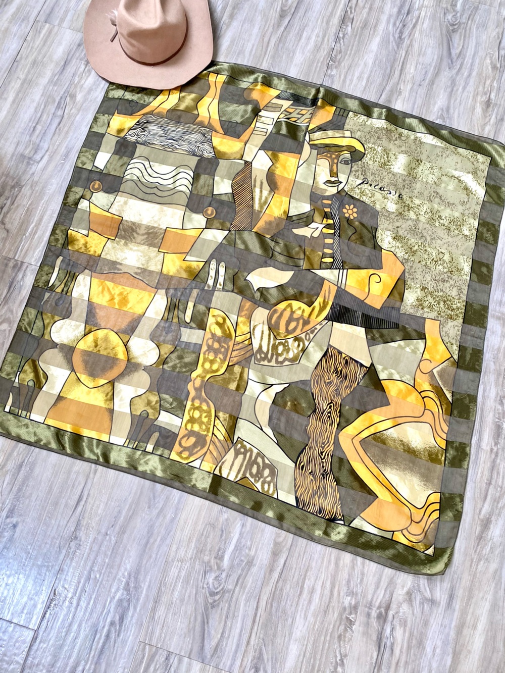 Picasso ART Abstract Geometric Scarf/wrap in Olive & Mustard midcentury vibe